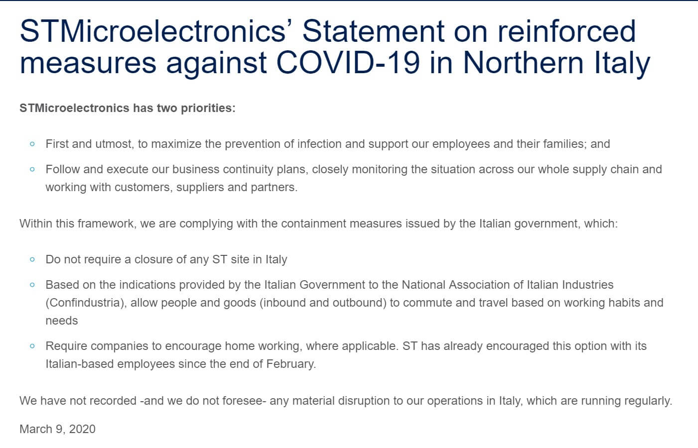 ST’s Statement on reinforced measures against COVID-19 in Northern Italy-SemiMedia