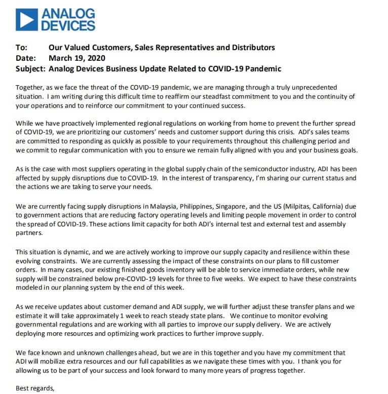 ADI issues statement on the impact of COVID-19 on its supply chain-SemiMedia